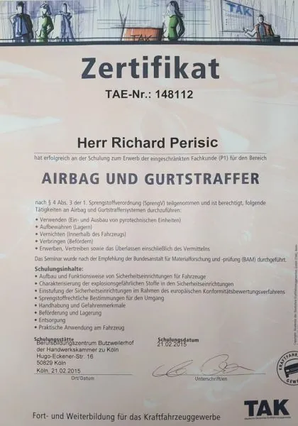 Zertifikat über die Fachkunde für Airbag- und Gurtstraffersysteme für Richard Perisic