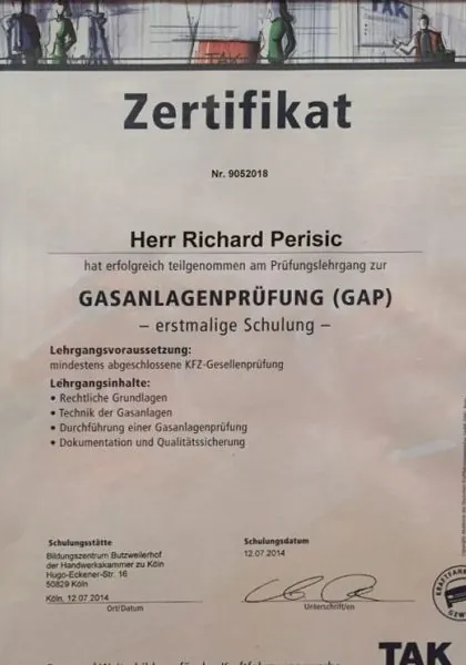 Zertifikat über den Prüfungslehrgang zur Gasanlagenprüfung für Richard Perisic