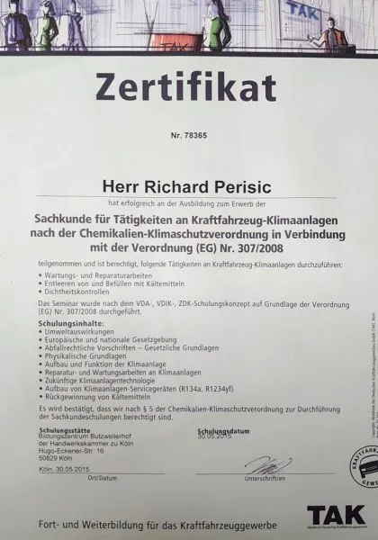 Zertifikat über die Sachkunde für Arbeiten an Kraftfahrzeug-Klimaanlagen für Richard Perisic