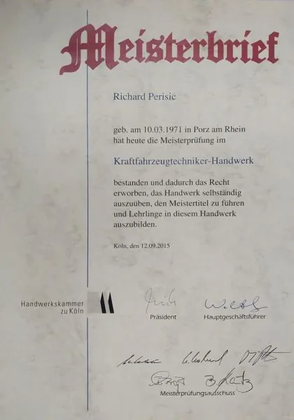 Meisterbrief im Kraftfahrzeugtechniker-Handwerk für Richard Perisic, ausgestellt von der Handwerkskammer zu Köln