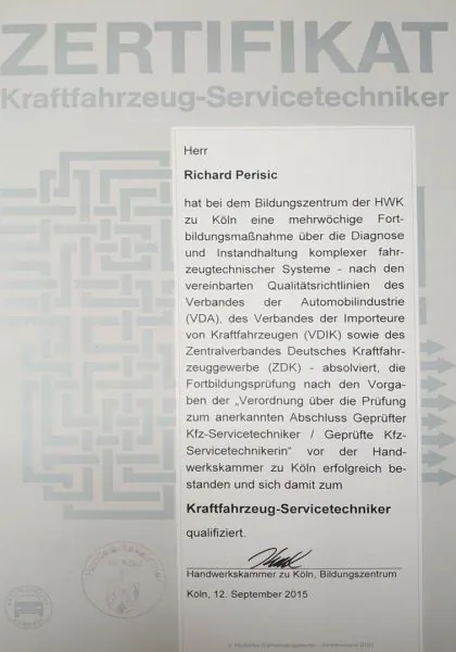 Zertifikat zum geprüften Kraftfahrzeug-Servicetechniker für Richard Perisic